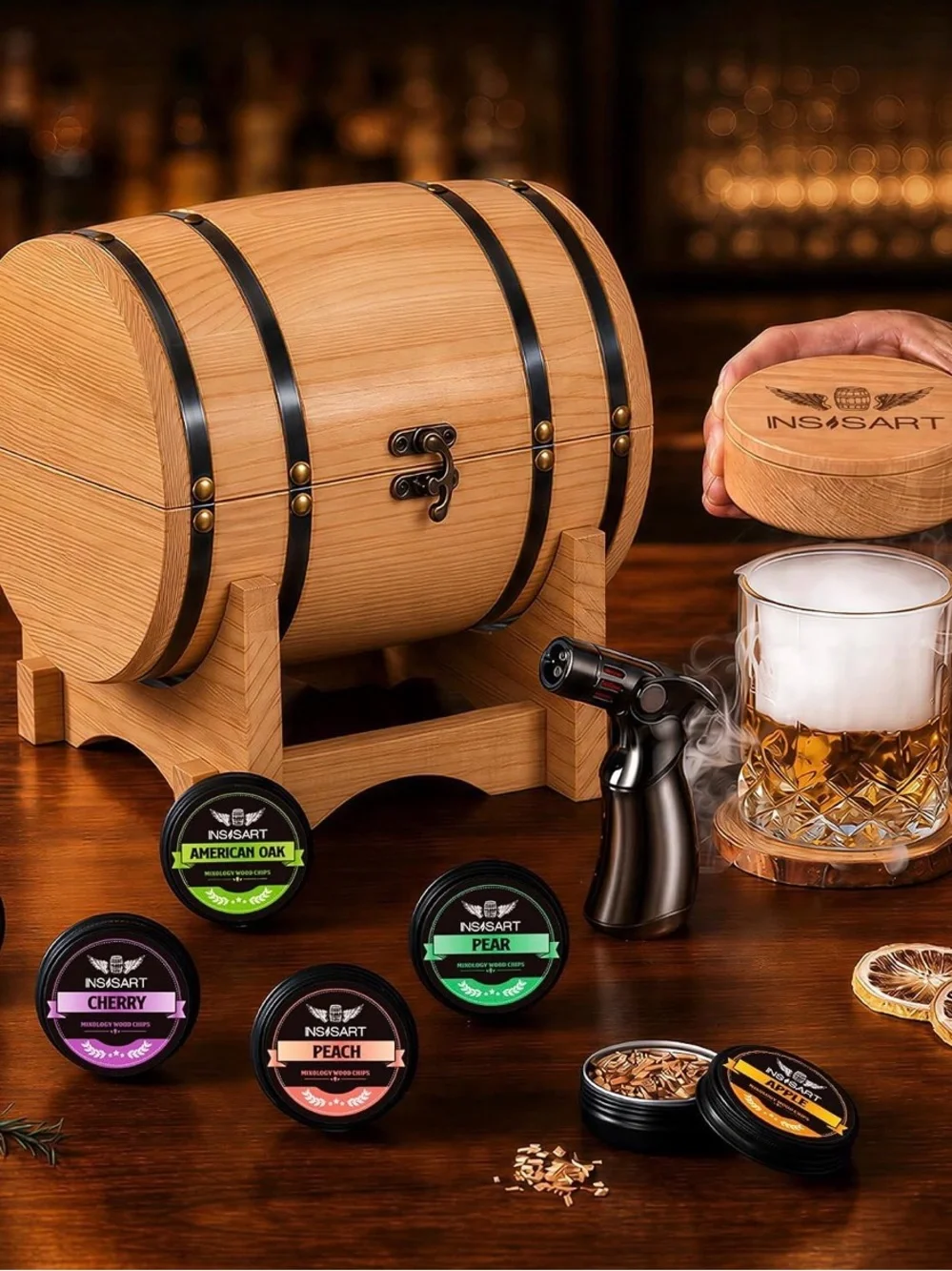 Beech Smoke Infuser Whiskey Smoker Kit in Natural Wood